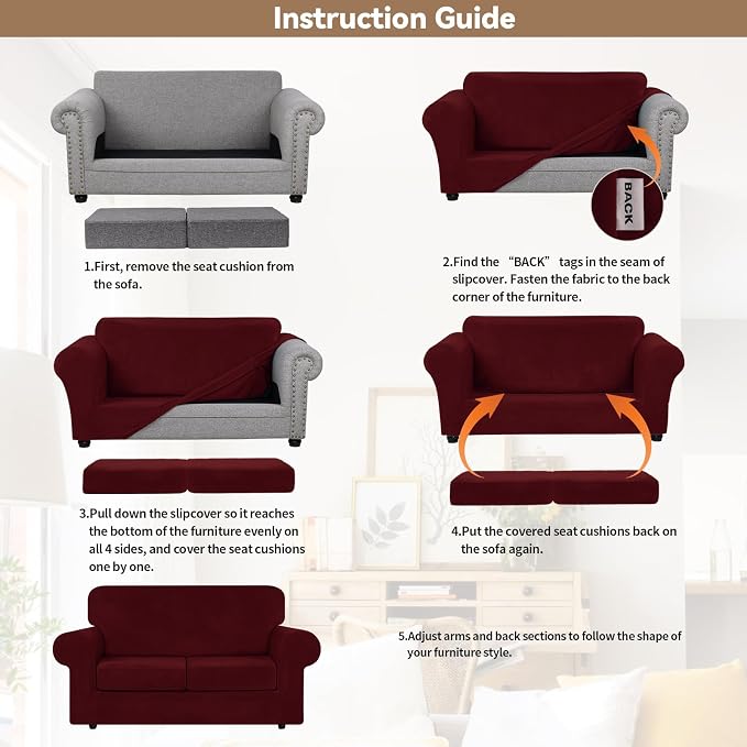 WEERRW Velvet Stretch 3 Pieces Couch Cover for Sofa Washable, Burgundy | Love Seat Couch Covers for 2 Cushion Couch Sofa Furniture Protector slipcoves with Elastic Bottom for Kids, Medium