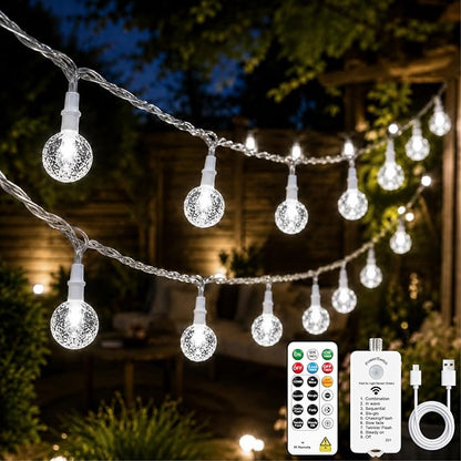 Crystal Globe String Lights 2500mAh Rechargeable Battery Operated | 16FT 50LED Outdoor Waterproof with Remote, Timer & 8 Modes, Fairy Lights for Yard Garden Patio Wedding Christmas (White)