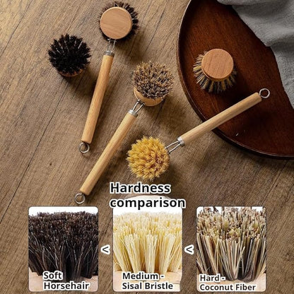Bamboo Dish Brush - Kitchen Scrub Brushes with 3 Replacement Heads | Natural Bristle | Sisal | Horse Hair - Pot Brush with Wooden Handle for Cleaning Grills, Pans, Stoves