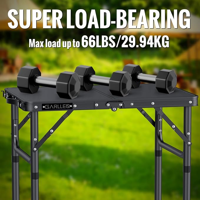 GARLLEN 2ft Folding Camping Table Max Capacity 66lbs, 3 Adjustable Height Folding Grill Table with MDF Tabletop, Lightweight Folding Tables for BBQ, Travel, Picnic, 22.8" L x 15.7" W