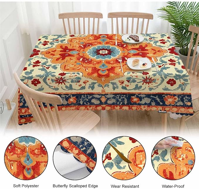 Carpet Boho Table Cloth Rectangle Table 52"X70", Ethnic Southwest Persian Style Rug Orange Wipeable Table Cover for Dinner Kitchen, Outdoor Tablecloth for Party Banquets Weddings