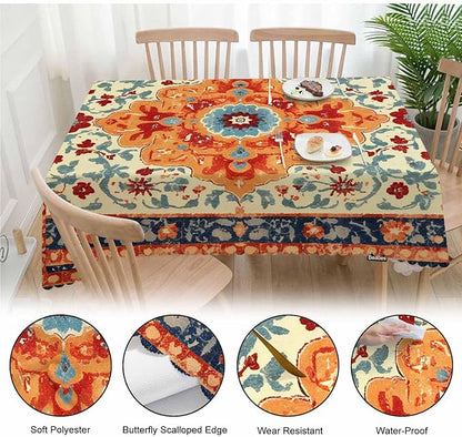 Carpet Boho Table Cloth Rectangle Table 52"X70", Ethnic Southwest Persian Style Rug Orange Wipeable Table Cover for Dinner Kitchen, Outdoor Tablecloth for Party Banquets Weddings