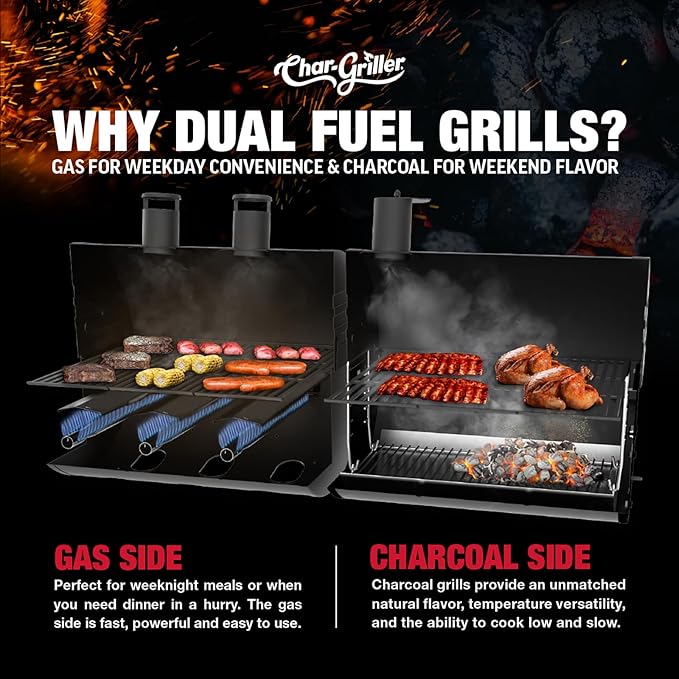 Char-Griller® Texas Trio 3-Burner Gas & Charcoal Grill and Smoker, Push Button to Ignite, Dual temperature Guages, Side Burner, Includes Side Firebox, 1,390 Cooking Square Inches, Black, Model# 3070