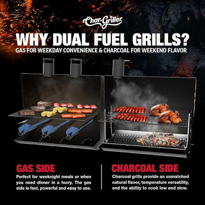 Char-Griller® Texas Trio 3-Burner Gas & Charcoal Grill and Smoker, Push Button to Ignite, Dual temperature Guages, Side Burner, Includes Side Firebox, 1,390 Cooking Square Inches, Black, Model# 3070