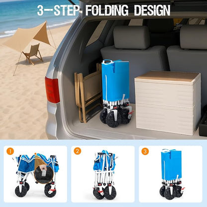 300lbs Extra Long 49" L Beach Wagon with Big Wheels with Brake for Sand, Collapsible Utility Beach Cart Heavy Duty Folding Wagon,Ideal for Outdoor Sand Camping Garden Pet