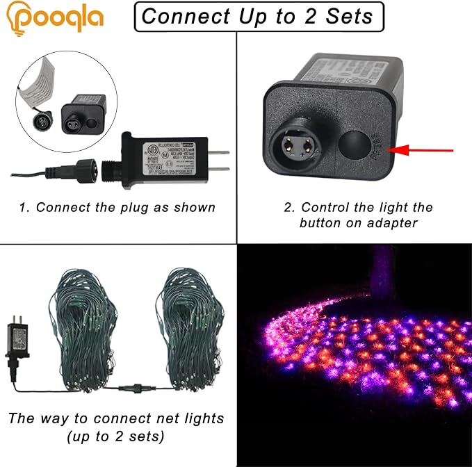 Pooqla Orange and Purple Halloween Net Lights Outdoor, 21x 5ft Green Wire | 360 LED Large Net Mesh Lights Plug in, 8 Modes Waterproof Connectable Bushes Lights for Halloween Hedge Yard Decor