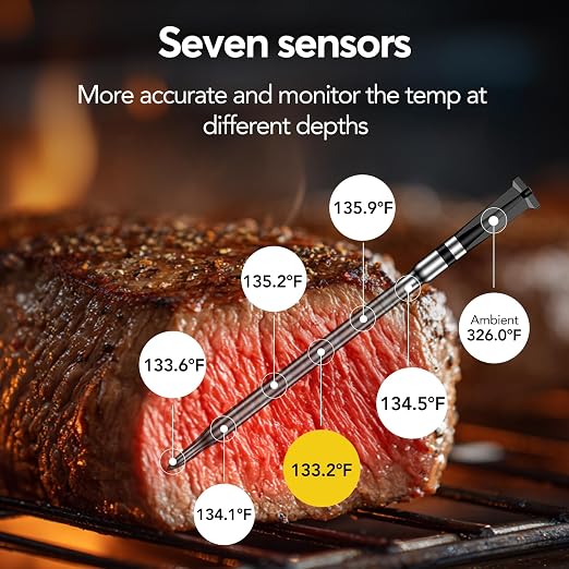 WiFi Sub-1G Wireless Meat Thermometer Unlimited Range 7 NIST Certified Sensors with Ambient Temp 2 Temp Monitoring Ways Digital Smart Base and App for BBQ, Smoker, Grill, Oven