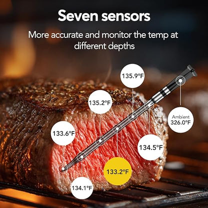 WiFi Sub-1G Wireless Meat Thermometer Unlimited Range 7 NIST Certified Sensors with Ambient Temp 2 Temp Monitoring Ways Digital Smart Base and App for BBQ, Smoker, Grill, Oven