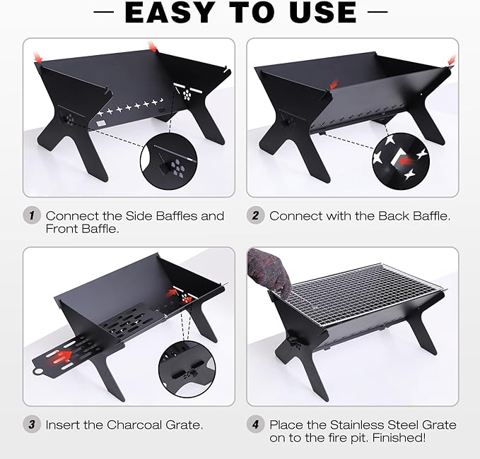REDCAMP Portable Campfire Grill, Large Folding Stainless Steel Fire Pit with Grill & Carry Bag, Heavy Duty Charcoal BBQ Grill for Outdoor Cooking, Camping, Bonfire, Patio & Backyard