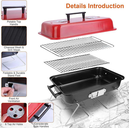 KOCASO Portable Charcoal Grill - Lightweight Outdoor Tabletop BBQ Grill - Compact Folding Barbecue Grill with Lid for Backyard, Camping, Picnics & Beach Cooking