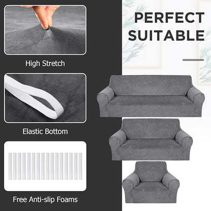 Peryiter 3 Pcs Couch and Loveseat Sofa Covers,Light Gray,Velvet | Armchair Covers for Living Room, Sofa Cushion Slipcover, Furniture Protector, Polyester and Spandex, Washable
