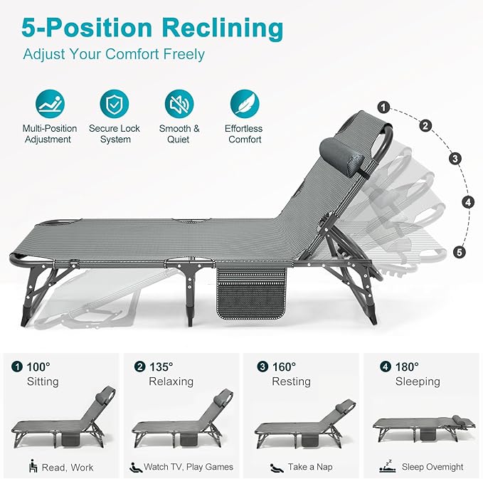 ABORON 2PK Heavy Duty Tanning Chair, 5-Gear Outdoor Folding Chaise Lounge Chair with Cushion,Portable Beach Lounge Chair for Outdoor Sunbathing Patio Pool Lawn Deck Poolside