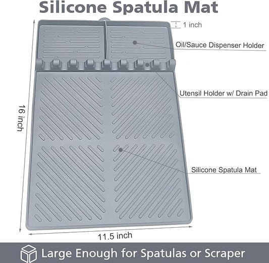 Silicone Griddle Tools Mat for Blackstone, Spatula Rest with Drip Pad, Grill Side Shelf Mat for Blackstone, Silicone Utensil Rest/Holder for BBQ Tools (Gray 1 Pack)