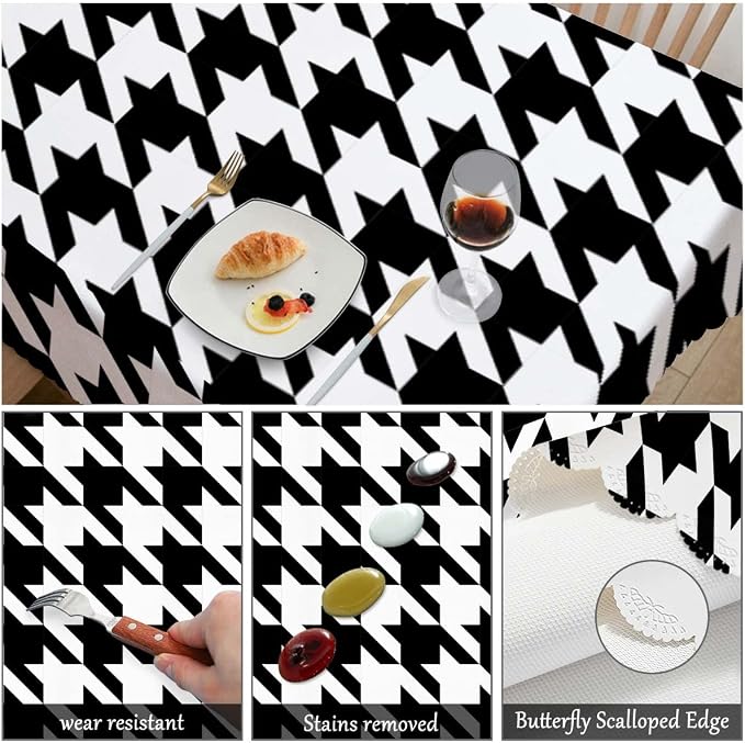 Swono Rectangle Tablecloth Black White Houndstooth 52x70 Inch Heavy Duty Water-Resistant Dining Table