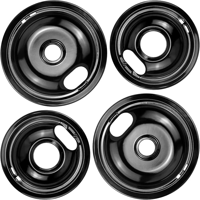 Stove Burner Covers W10288051 Burner Drip Pans -2 Packs 6” W10290353 Black Porcelain Burner Pans and 8" W10290350 Stove Top Covers for Electric Stove by Sikawai