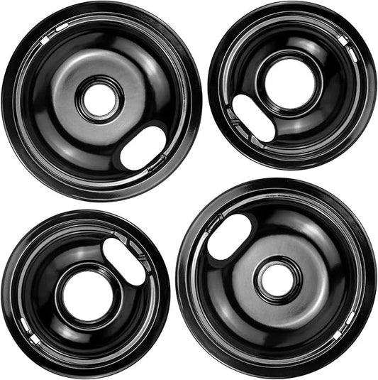 Stove Burner Covers W10288051 Burner Drip Pans -2 Packs 6” W10290353 Black Porcelain Burner Pans and 8" W10290350 Stove Top Covers for Electric Stove by Sikawai