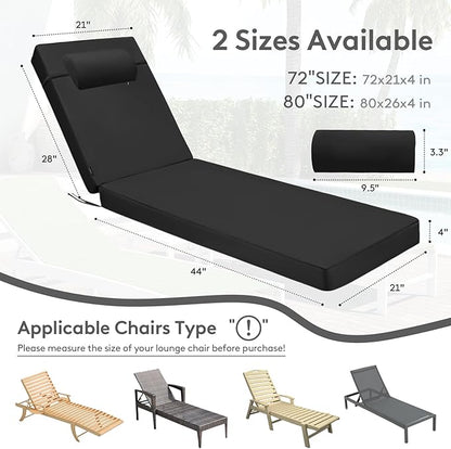 Chaise Lounge Cushion for Outdoor Furniture, Waterproof, Fade-Resistant and Tear Resistant, Patio Lounger Pads with Removable Cover for Pool, Deck, Lawn, 72x21x4 Inch, Dark Gray