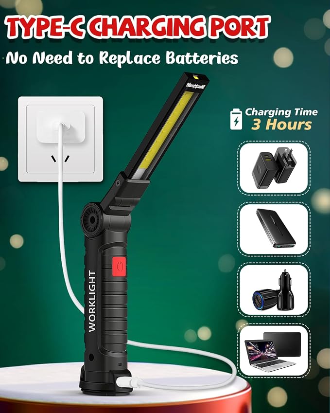 Coquimbo Rechargeable LED Work Light, Tools Gifts for Men, 4 Pack Green | BBQ Grill Light, Magnetic Flashlight for Garage Repair, Camping, Power Outages, Emergency Use, 360 Rotating, Hanging Hook