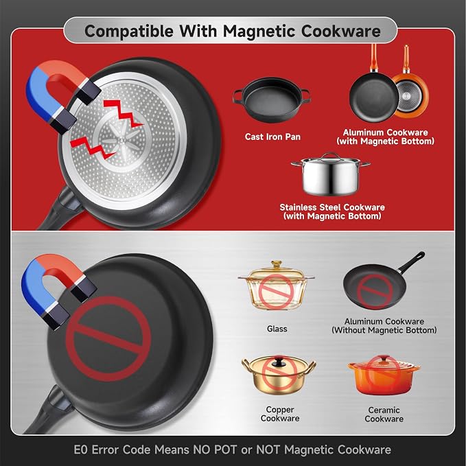 Portable Induction Cooktop, 1800W, 20 Settings, Hot Pot, RV Camping | Induction cooktop with 20 temp/power settings, child lock, turbo cooling, 6.9-inch coil, hot pot mode, RV, camping, dorm use