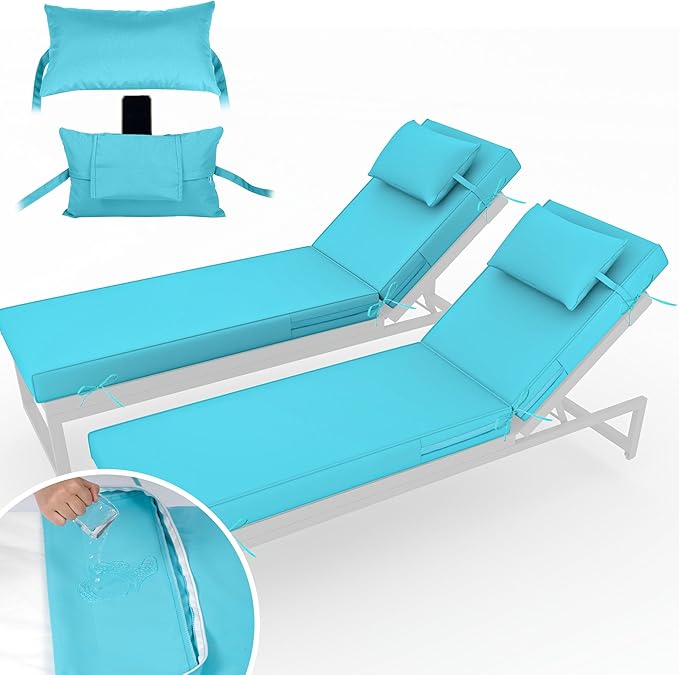 Chaise Lounge Cushions Outdoor Set of 2 Lounge Chair Cushion 72" L x 21" W with Headrest Straps 3'' Thick Waterproof Patio Chaise Cushions Pool Lounger Chair Cushion(Lake Blue)
