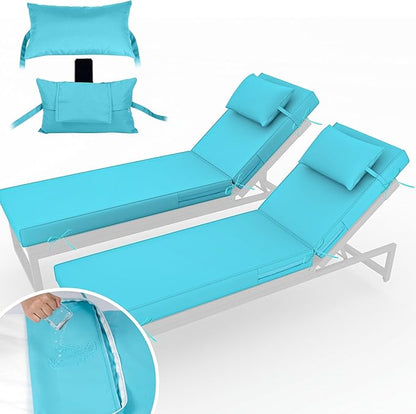 Chaise Lounge Cushions Outdoor Set of 2 Lounge Chair Cushion 72" L x 21" W with Headrest Straps 3'' Thick Waterproof Patio Chaise Cushions Pool Lounger Chair Cushion(Lake Blue)