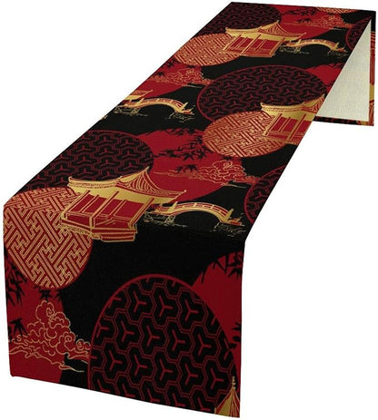 Vintage Oriental Landscape Table Runner Asian Chinese Luxury Red Black Gold Bamboo Pagoda Bridge Dinner Runner Table Decoration for Home Kitchen Dining Table Party 13x70in