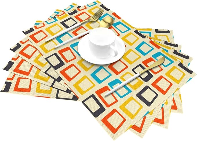 Retro Placemats Set of 4, Mid Century Modern Dining Table Place Mats | Washable Heat Resistant Table Mats for Kitchen Dinner Holiday Party Home Decor 12x18 Inch