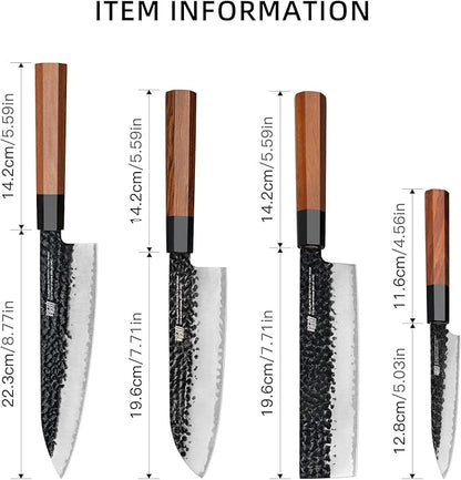 FINDKING 4PCS Kitchen Knife Set, Japanese Chef Knife Set with 9Cr18MoV High Carbon Steel Hammered Blades, Rosewood Octagonal Handles, for Meat, Fruits and Vegetables, Dynasty Series