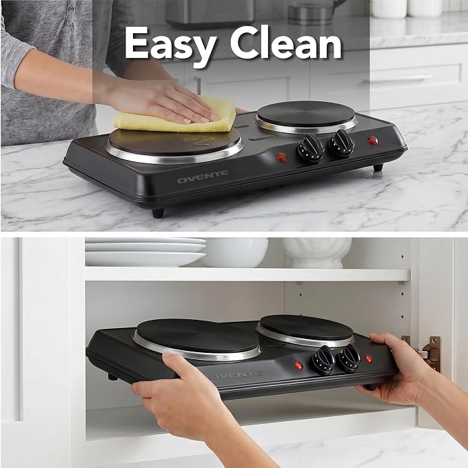 OVENTE Electric Cast Iron Double Burner, 1700W Hot Plate, Black BGS102B | 7.25" & 6.10" Portable Countertop Cooktop, Metal Housing, 5 Level Temperature Control, Indicator Light, Easy-to-Clean