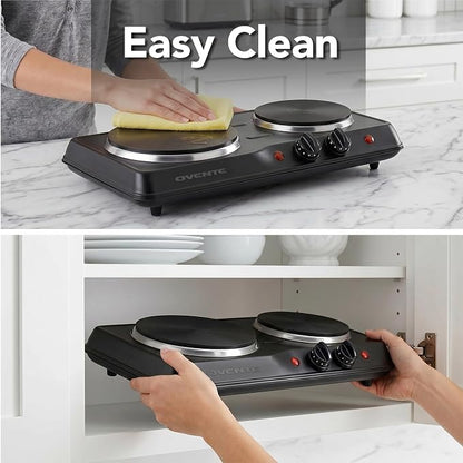 OVENTE Electric Cast Iron Double Burner, 1700W Hot Plate, Black BGS102B | 7.25" & 6.10" Portable Countertop Cooktop, Metal Housing, 5 Level Temperature Control, Indicator Light, Easy-to-Clean