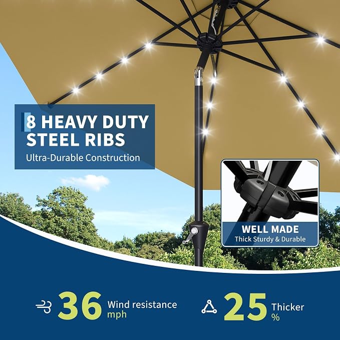 Garvee 9FT Solar Patio Umbrella Outdoor Umbrella with 32 LED Lights | Crank Lift, Push Button Tilt & 8 Sturdy Ribs, UV Resistant Waterproof Market Umbrella for Pool, Yard, Garden(Tan)