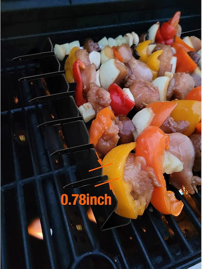 Kabob Skewers Rack Set of 2 - Stainless Steel BBQ Grill Rack with 6 Notch, Compatible with Wood/Bamboo/Round/Metal/Flat Skewers - Grilling Accessories (Pouch Included)