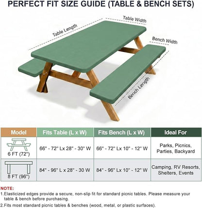 Picnic Table Cover with Bench Covers Windproof Waterproof Picnic Table Covers Camping Tablecloth with Self-Storage Bag, 72in, Sage