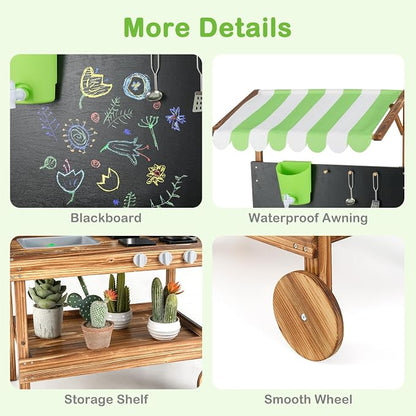 INFANS Mud Kitchen, Outdoor Play Kitchen with Drawing Board, Real Water Flow, Removable Sink, Storage, Cooking Accessories, Wooden Kids Kitchen Playset Gift for Boys Girls Ages 3+