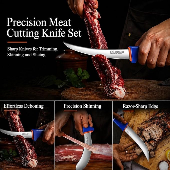 DRAGON RIOT 3 Pcs Butcher Knife Set, Stainless Steel Boning & Carving Knives, Sharp Kitchen Cutlery for Meat Cutting Trimming, Perfect for Home Kitchen, Outdoor Camping BBQ & Holiday Gift