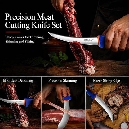 DRAGON RIOT 3 Pcs Butcher Knife Set, Stainless Steel Boning & Carving Knives, Sharp Kitchen Cutlery for Meat Cutting Trimming, Perfect for Home Kitchen, Outdoor Camping BBQ & Holiday Gift