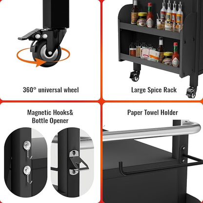 XL Outdoor Grill Cart with Cabinet, Extra-Wide Stainless Steel Table Top, Large Spice Rack & Lockable Wheels, Outdoor Kitchen Island Grill Table for BBQ, Cooking & Prep