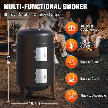 16" Charcoal Smoker, 3 in 1 Heavy Duty Vertical Barbecue Grill, Outdoor Fire Pit 402 Square Inches Cooking Area, Versatile Outdoor Smoker Grill, Black