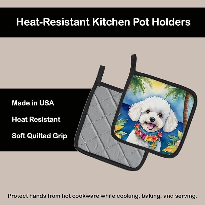 Caroline's Treasures Bichon Frise Luau Pair of Pot Holders Kitchen Heat Resistant Pot Holders Sets Oven Hot Pads for Cooking Baking BBQ, 7 1/2 x 7 1/2