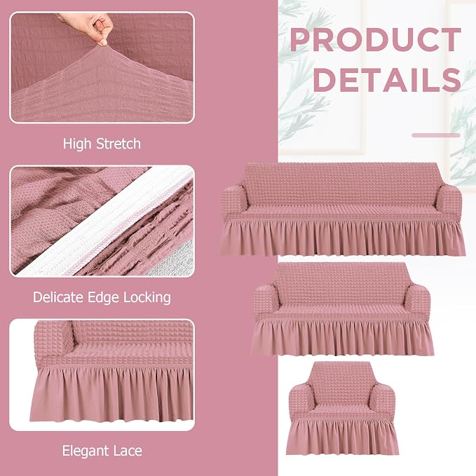 Fanfanwin 3 Pcs Sofa Slipcover Set for Couch Cushion Durable Washable High Elastic Stretchable Furniture Couch Covers with Skirt for Sofa Loveseat Arm Chair(Pink,Seersucker)