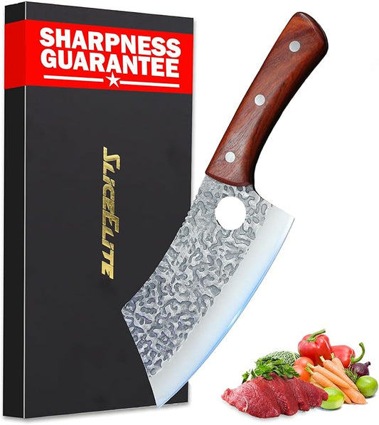 SliceElite Hand Forged Meat Cleaver Knife | Heavy Duty Butcher Knife with Blackened Blade, Sandalwood Handle & Gift Box | High Carbon Steel BBQ Kitchen Cleaver | Bone Chopping Knife for Men