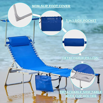 #WEJOY Tanning Chair with Face Hole & Canopy & Side Table, 5 Positions Adjustable Sunbathing Lounge Chair Facedown Chaise Lounge with Pillow Quick Dry for Beach Pool Outdoor Camping Patio,Darkblue