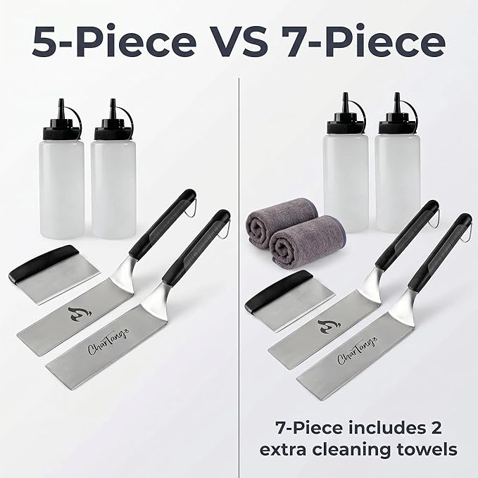 7-Piece Blackstone Griddle Set, 3mm Stainless Steel Grill Tools with Spatulas, Scraper, Oil Bottles & 2 Towels, Heavy Duty Flat Top Grill Accessories Compatible with Camp Chef Hibachi