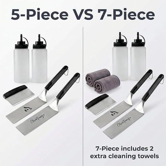 Blackstone Griddle Spatula Set 5-Piece - Heavy Duty 3mm Stainless Steel BBQ Tools with Scraper & Oil Bottles - Professional Griddle Accessories for Blackstone/Camp Chef/Hibachi/Camping Grill