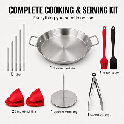 Al Pastor Skewer for Grill, 13 Inch Stainless Steel Vertical Skewer Pan with 5 Spikes, Grease Separator Tray, Tongs, Gloves & Basting Brushes, Shawarma Gyro Kebab Stand for Oven Smoker BBQ
