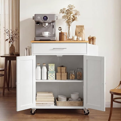 VEVOR Kitchen Island Cart with Storage, 31.3 in Wide Mobile Rolling Storage Island on Swivel Wheels, with Drawer, Storage Cabinet, Spice/Towel Rack, Table for Home Dining Room, White