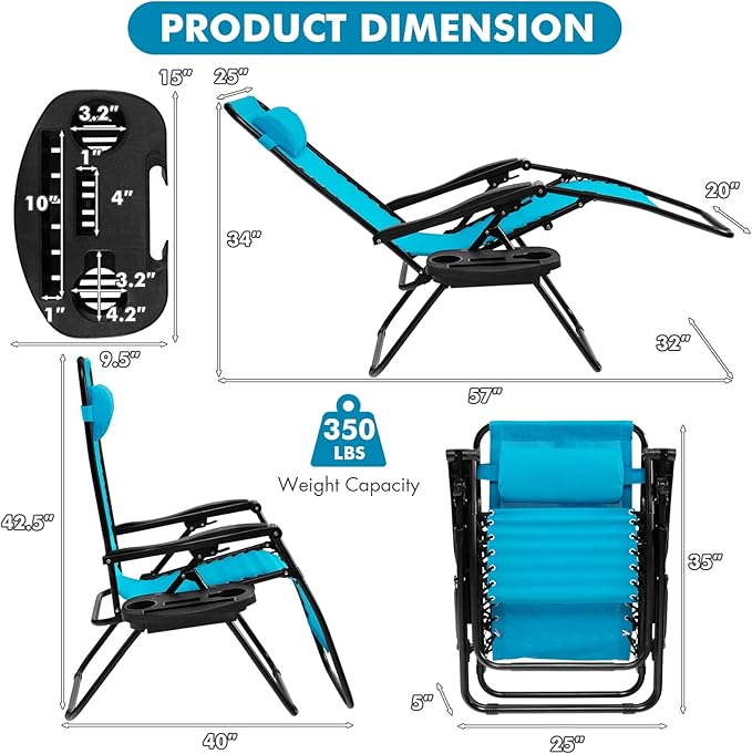 Giantex Zero Gravity Reclining Chair, Outdoor Patio Recliner with Cup Holder & Removable Pillow, Adjustable Backrest, Indoor Lounge Chair for Backyard, Garden, Poolside (Blue)