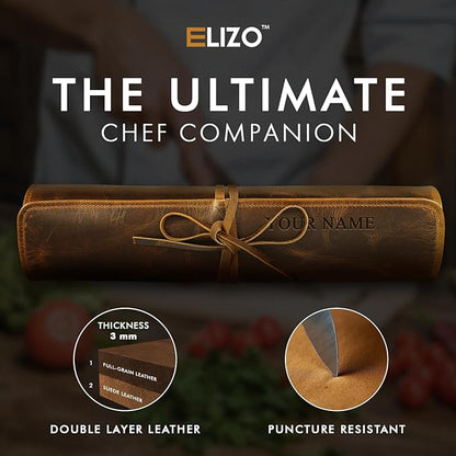 ELIZO Personalized Premium Full Grain Leather Chef Knife Roll, 17L x 14W inches Knife Storage Travel Case, Professional Customizable Chef Knife Case - Holds 4 Chef Knives