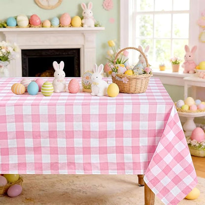 B-COOL Pink Plaid Tablecloth Checkered Fabric Cover 56x120 Inch Table Cloths, Valentines Party Picnic Decorative Gingham Tablecloths, Sturdy Rectangle Pink and White Checkered Cover Decorations