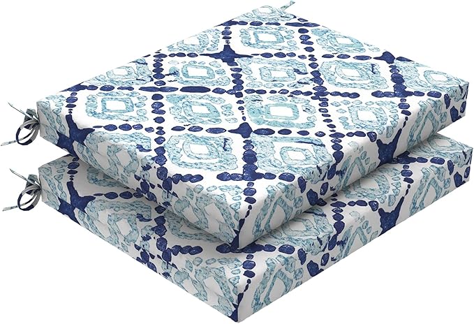 DYTXIII Set of 2 Outdoor Chair Cushions, Water Resistant 18.5"x16"x2" Square Seat Cushion for Patio Dining Chairs, High-Density Replacement Pads for Indoor Outdoor Furniture - Boho Geometry Blue